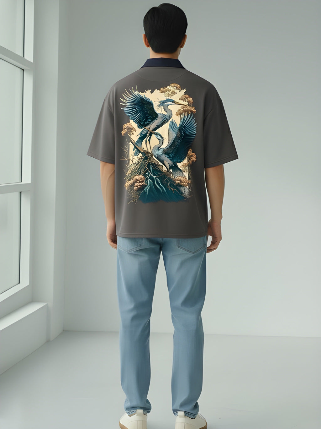 BIRD ART GREY COLLAR POLO T-SHIRT