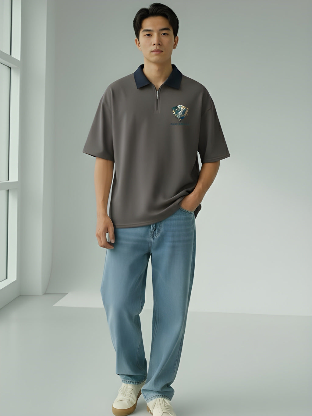 BIRD ART GREY COLLAR POLO T-SHIRT