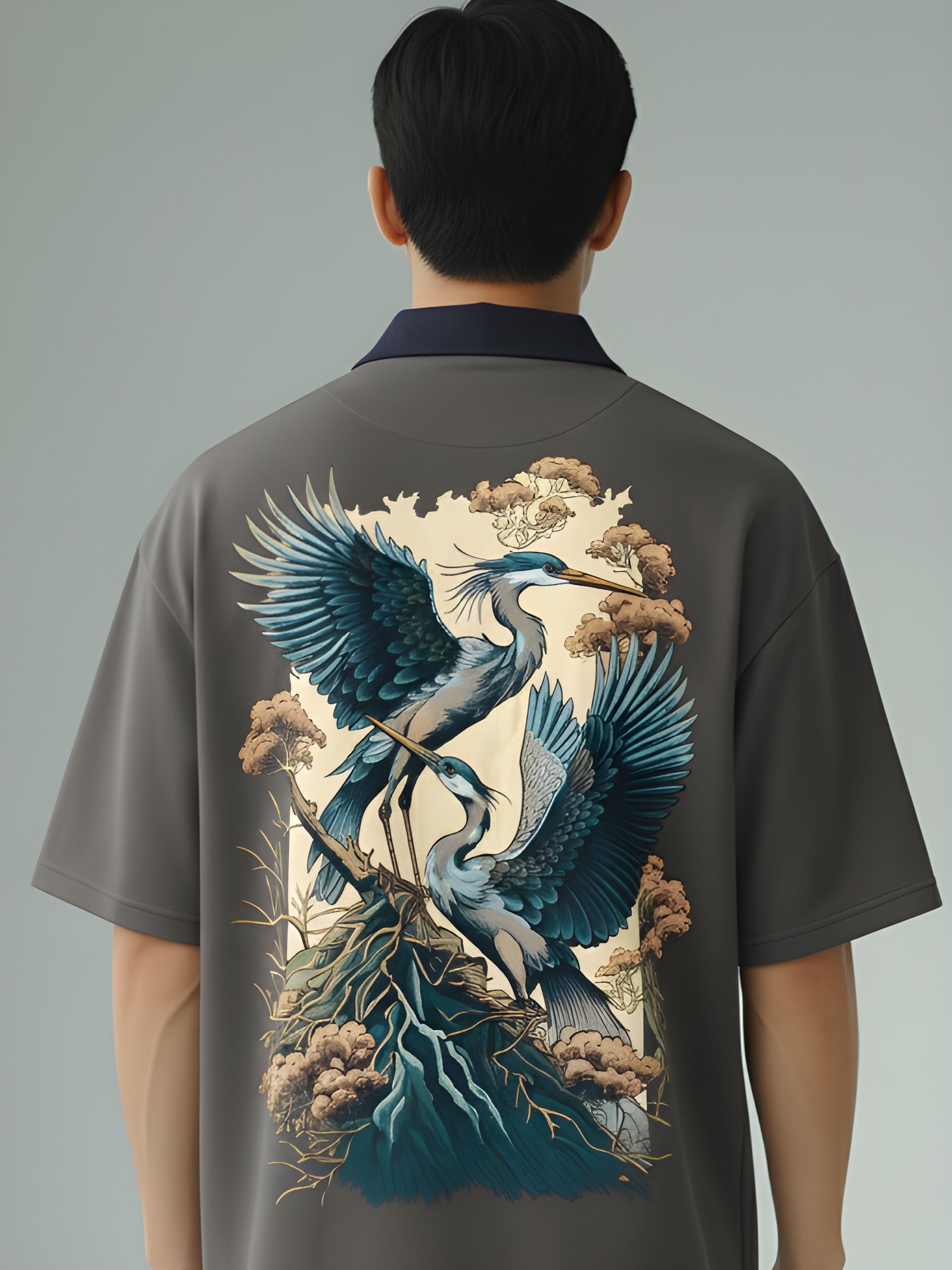 BIRD ART GREY COLLAR POLO T-SHIRT